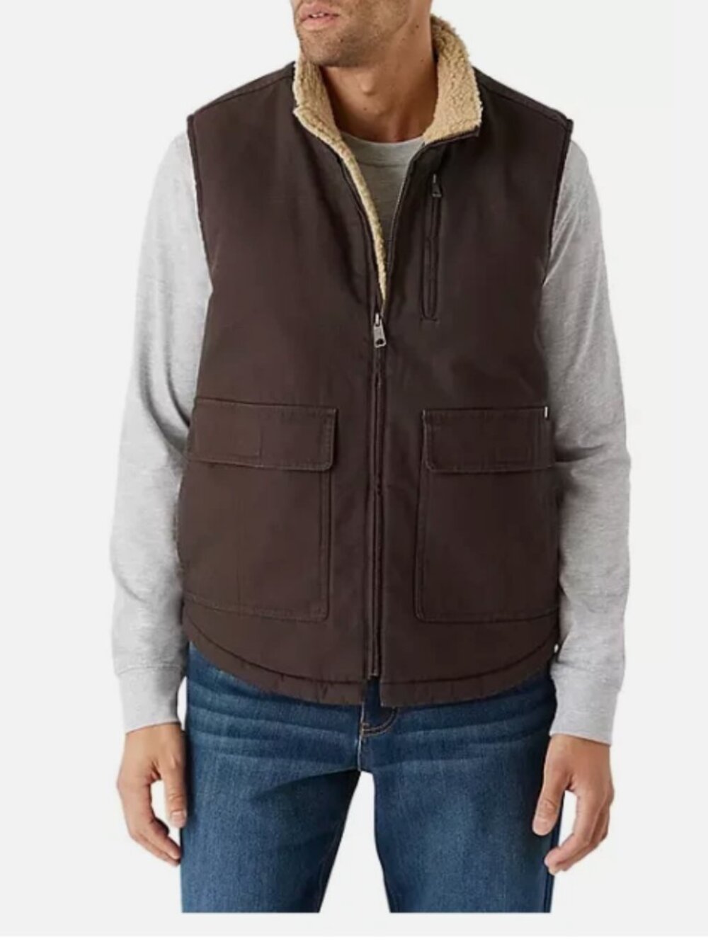 LEE Men's SHERPA Lined Work CANVAS VEST Chocolate Brown Black XL Zipper Front